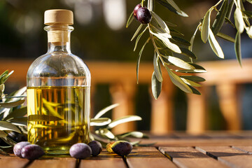 Olive oil with olive tree branch background. Natural oil for food or cosmetics from natural...