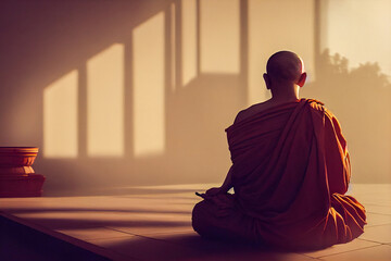 monk meditates in the temple background generative ai illustration - obrazy, fototapety, plakaty