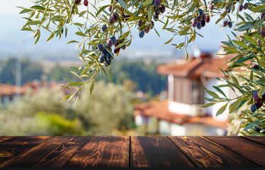 Wooden table on the background of olive trees and a farm garden. Summer rustic food product...