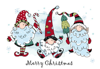 Christmas card with funny Nordic gnomes with gifts. Doodle style. Vector.