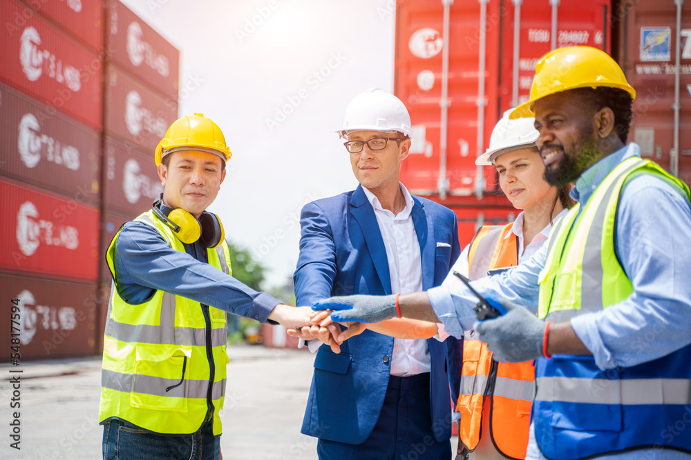 Poster Engineering with worker team stack hands after checking or inspect many containers in stockyard,Success and winning concept.