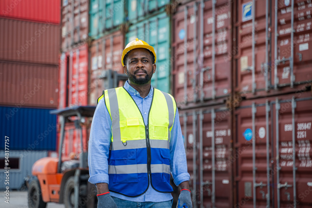 Poster Worker check list of container cargo at container depot terminal,Working inspection audit logistic transportation concept.