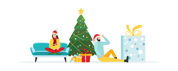 Happy people at a Christmas and New Year's corporate party. Positive men and women dancing and having fun. Set of modern vector characters.