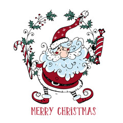 Merry Christmas greeting card. Merry Santa laus with Christmas sweets. doodle style. Vector.