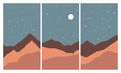Retro mountain view with stars and moon in the sky.