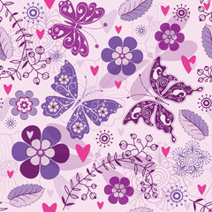 Seamless valentine pattern with butterflies and flowers on a  white background. Vector 