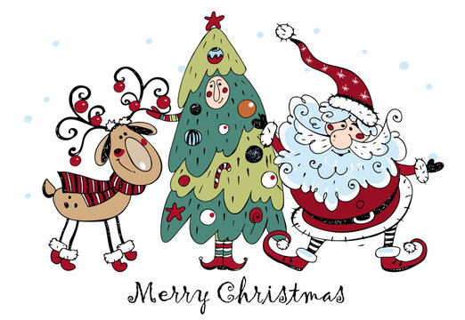 Merry Christmas greeting card. Santa Claus with a Christmas tree and a cheerful deer. Doodle style. Vector.