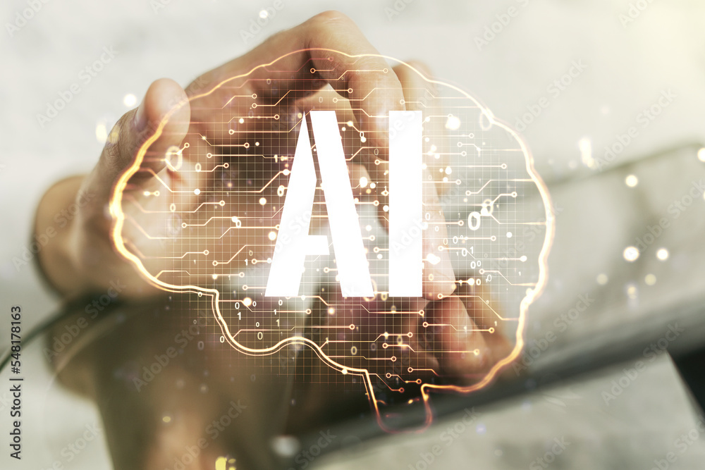 Aufkleber creative artificial intelligence concept with human brain sketch and finger presses on a digital tab
