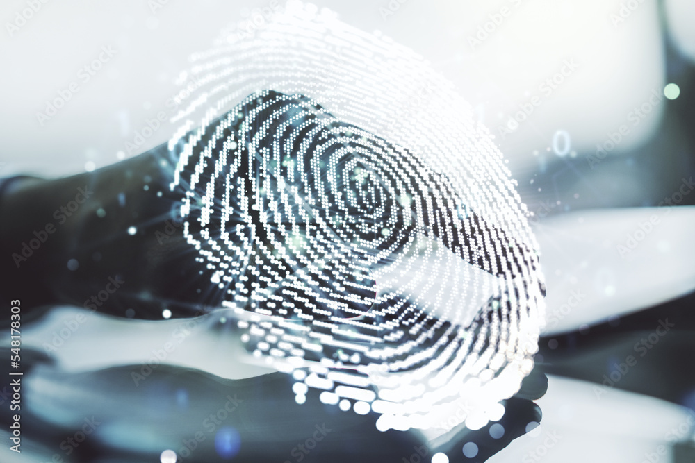 Aufkleber abstract creative fingerprint concept with finger clicks on a digital tablet on background. multiexp