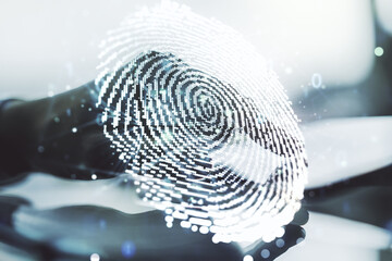 Abstract creative fingerprint concept with finger clicks on a digital tablet on background. Multiexposure