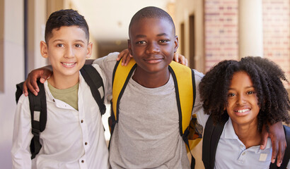 Students, diversity and education portrait, learning and happy smile after class, support or teen children. Friends, school campus and scholarship community, academy or excited for knowledge together