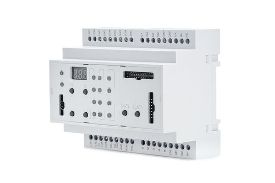 The electric drive control unit with overload control is isolated on a white background. Fire protection and circuit breaking device