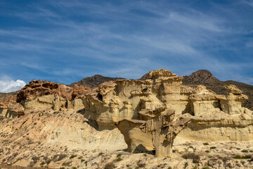 Tourist attraction in Region of Murcia, Spain. Enchanted City of Bolnuevo, natural yellow sandstone formations.