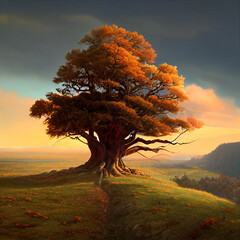 giant tree in a morning overlooking wast landscape