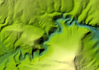 Vue aérienne d'un paysage vallonné en territoire montagneux - Rendu 2d modèle numérique de  terrain