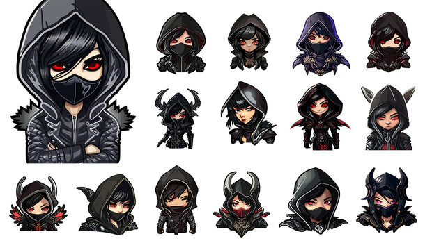 Set of ninja girls in black cape hoodie expression stickers or badges. Game Characters. Vector illustration. Anime cartoon style set.