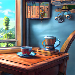 Obraz premium アニメの世界観のようなコーヒーのイラスト