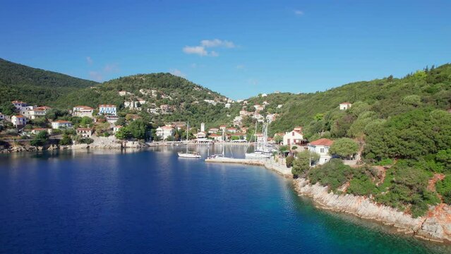Aerial view of the bay of Kioni, Ithaka island, Ionian sea, Greece