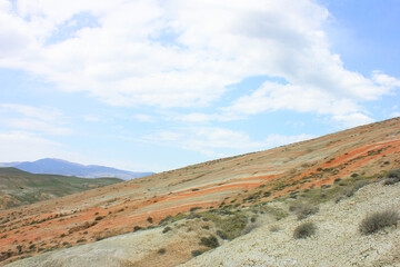Fototapeta na wymiar Mountains with red stripes. Khizi region. Azerbaijan.