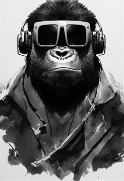 Monkey Gorilla With Headphones Color Art