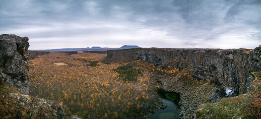 Asbyrgi canyon wide panorama on autumn, Iceland