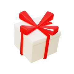 3D White Gift Box With Red Ribbon. 3D icon. 3d rendering flying modern holiday surprise box. Cartoon style