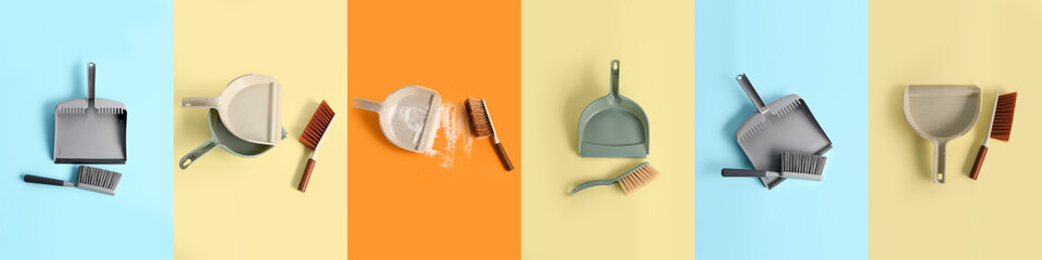 Set of dustpans and brushes on color background