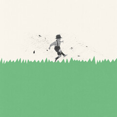 Contemporary art collage. Creative design. Cheerful little boy, child playing, having fun, running on grass on summer day