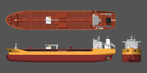 Tanker drawing. 3d cargo ship industrial blueprint. Petroleum boat view top, side and front. Isolated vehicle. Commerce water transport