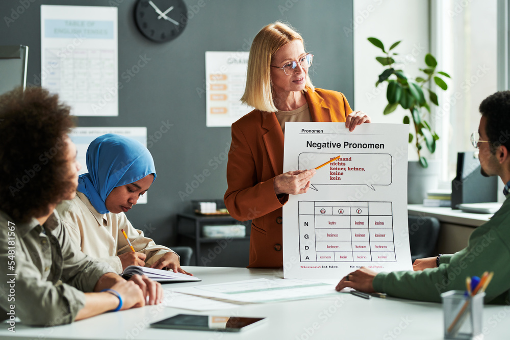 Poster Confident teacher of German language explaining negative pronouns to group of students while pointing at table during presentation