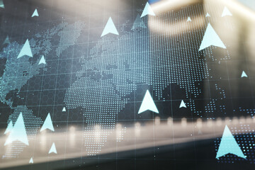 Abstract virtual GPS locator sketch with world map on blurry contemporary office building background, monitoring and tracking concept. Multi exposure