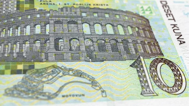 Croatia Croatian Kuna 10 Banknotes, Ten Croatian Kuna, Close-up and macro view of the Croatian Kuna, Tracking and Dolly Shots 10 Croatian Kuna banknote Observe and Reserve Side, Croatian Kuna Money