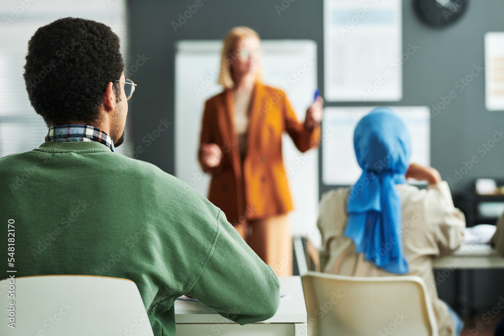 Poster selective focus on rear view of young middle eastern highschool male student sitting by desk at less
