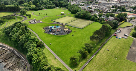 Aerial photo of Larne town park and sports pitches Chaine Park in Larne Co Antrim Northern Ireland