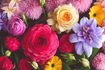 Beautiful floral background. Flowers flat lay as a wallpaper