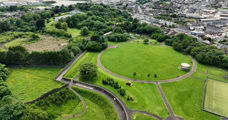 Aerial photo of Larne town park and sports pitches Chaine Park in Larne Co Antrim Northern Ireland