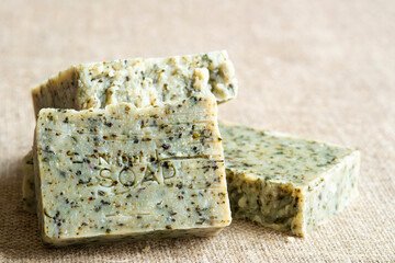 Handmade Soap closeup. Natural Soap making. Soap bars closeup. Spa treatments, skin care concept