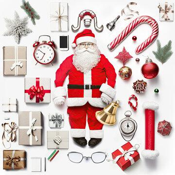 knolling flat-lay picture of Santa Clau gear with costume, presents, bells, Christmas tree decorations, and packaging on white background. Santa Claus gifts for holiday events and greetings cards.