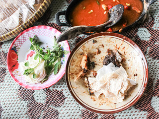 Empty dish plate with traces and pieces of food. Unfinished or finished lunch, dinner, breakfast bowl on table in kitchen. Dirty, empty, not clean. Spoon. Fork.