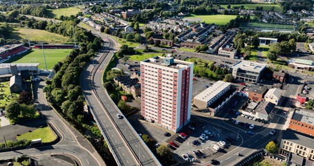 Aerial photo of Latharna House high rise flat in Larne Co Antrim Northern Ireland