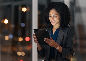Night business, black woman and tablet for communication, marketing and data analytics online with...