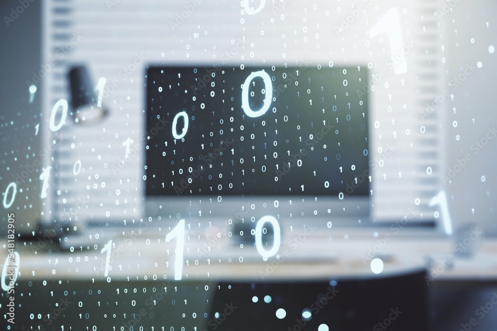 Fototapete creative abstract binary code hologram on modern computer background, ai and machine learning concep