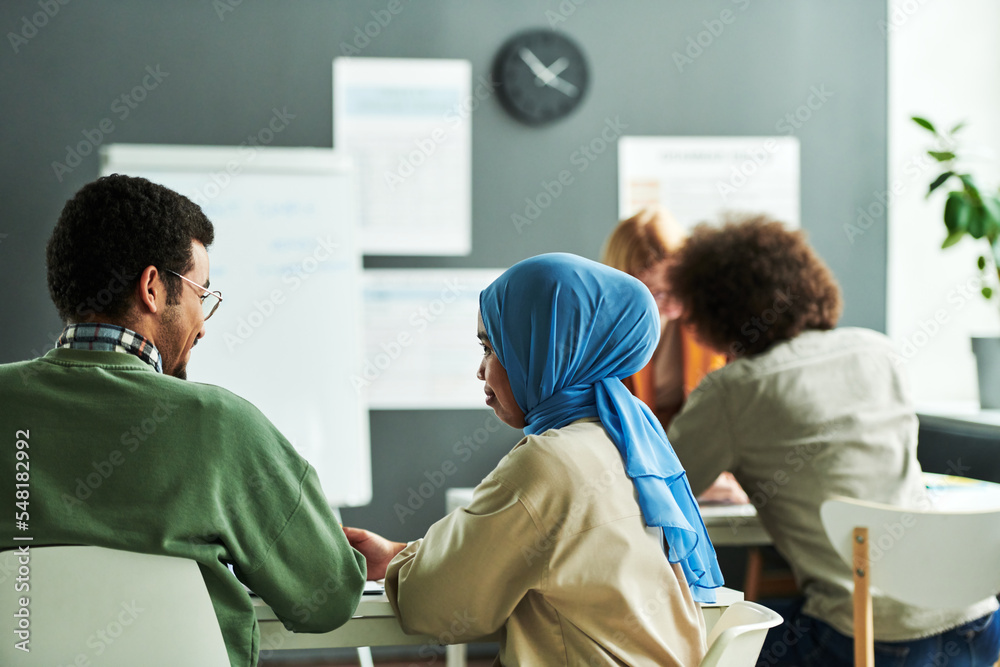 Poster back view of two young intercultural students discussing new subject in front of camera against othe