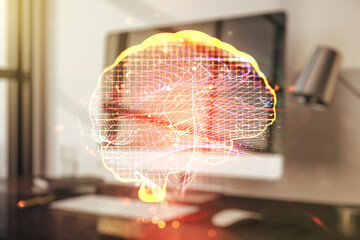 Double exposure of creative human brain microcircuit with computer on background. Future technology and AI concept