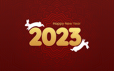 Calendar 2023 template vector, running cute rabbit with ears. Planner 2023 year, Paper cut wall calendar cover. Zodiac Chinese hare luxury design. Happy new year. Red, white and gold colors pattern.