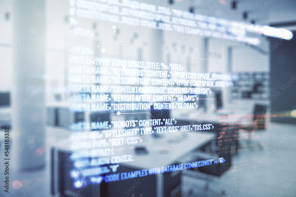 Poster multi exposure of abstract software development hologram on modern corporate office background, rese