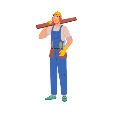 Builder working on construction of building. Isolated man in uniform wearing hardhat holding wooden log. Personage or character, vector in flat cartoon style