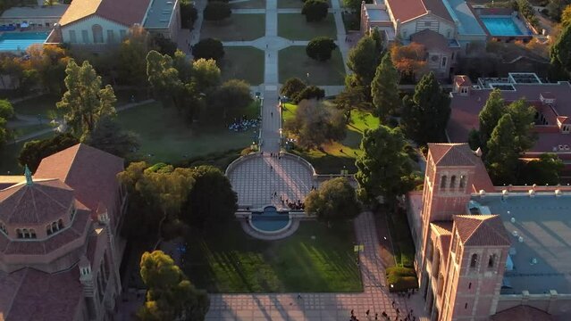 Aerial Flying Over Dickson Court At UCLA Towards Shapiro Fountain. Dolly Forward