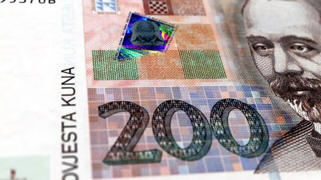 Croatia Croatian Kuna 200 Banknotes, Two Hundred Croatian Kuna, Close-up and macro view of the Croatian Kuna, Tracking and Dolly Shots 200 Croatian Kuna banknote Observe and Reserve Side, Croatian