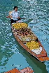 Obraz premium boat filled with fruit and vegetables in the Damnoen Saduak Floating Market in Bangkok Thailand